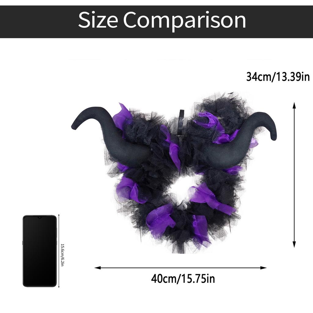 Halloween Black Purple Mesh Decoration Wreath LED Green Light Decoration Horn Funny Lintel Layout Pendant