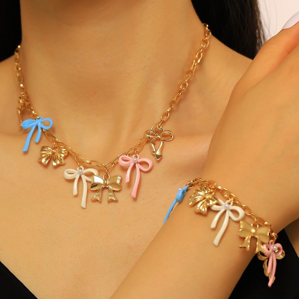 Summer Fashion Dopamine Colorful Drip Oil Bow Pendant Necklace Bracelet Anklet Set for Women Sweet Girl Vacation Jewelry Sets