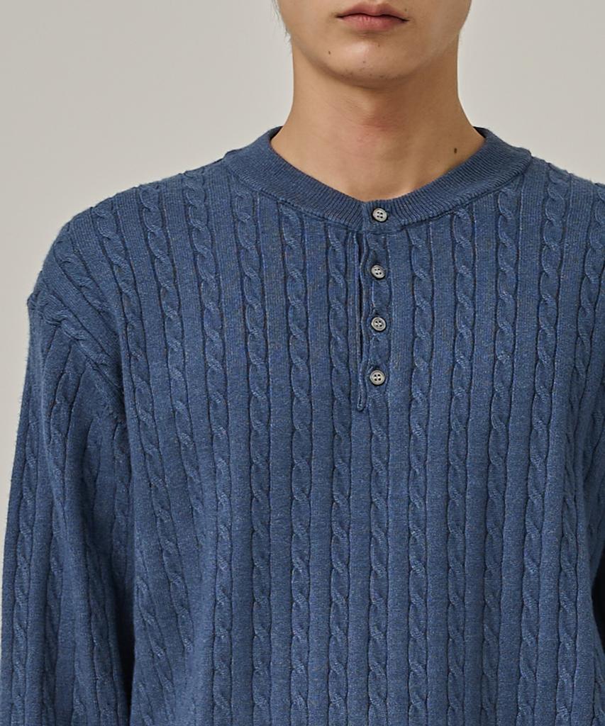ANALOG MOOD Washable Cable Henley Neck Knit T-Shirt (Blue)