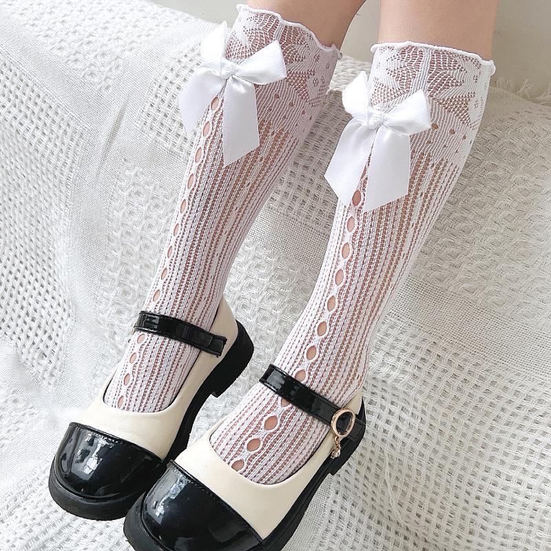 

Носки для девочек Lolita Princess с кружевом и бантом на весну/лето — милые, тонкие, сетчатые носки-полутрубы One Size белый