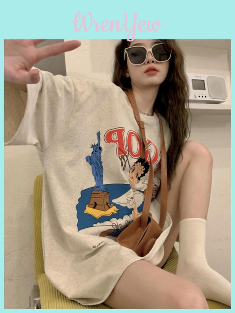 Vintage American Style T Shirt For Women With Cotton Material And Cartoon Print For Summer Casual Wear