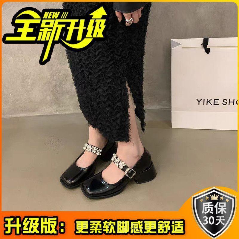 French small fragrant style square head thick heel black high heels women's autumn 2025 new chain Mary Jane small leather shoes