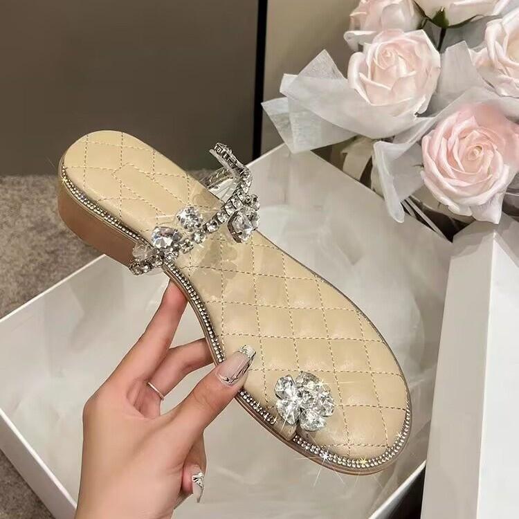 Coarse-heeled rhinestone French fairy style beautiful sandals 2025 summer new high-end feeling stepping on shit feeling wearing women's sandals