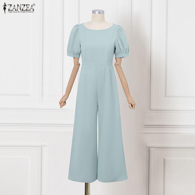 ZANZEA Damen Freizeit Rundhals Kurzarm Weitbein Jumpsuits