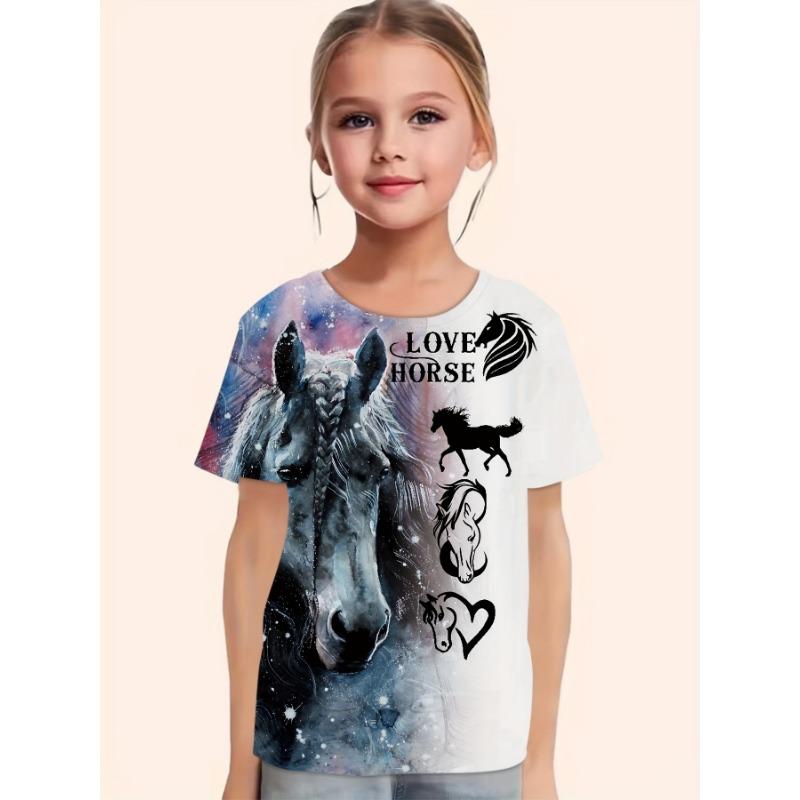 Children's Clothing for Girls, Short Sleeved Girls' T-shirt, Casual Retro Horse Print Children's Summer Clothing for Girls, Roun