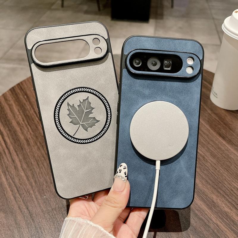Leaf Pattern Leather Wireless Charge Magnetic Case For Google Pixel 9 Pro XL 8A 8 Pro 7A 7 Solid Color TPU Soft Shockproof Slim Matte Phone Cover