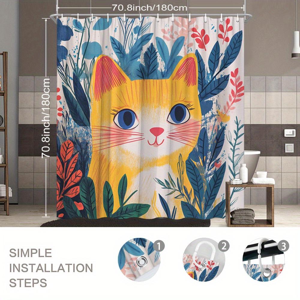Waterproof Adorable Cat Shower Curtain with Colorful Flowers and Playful Design for a Fun Bathroom Look