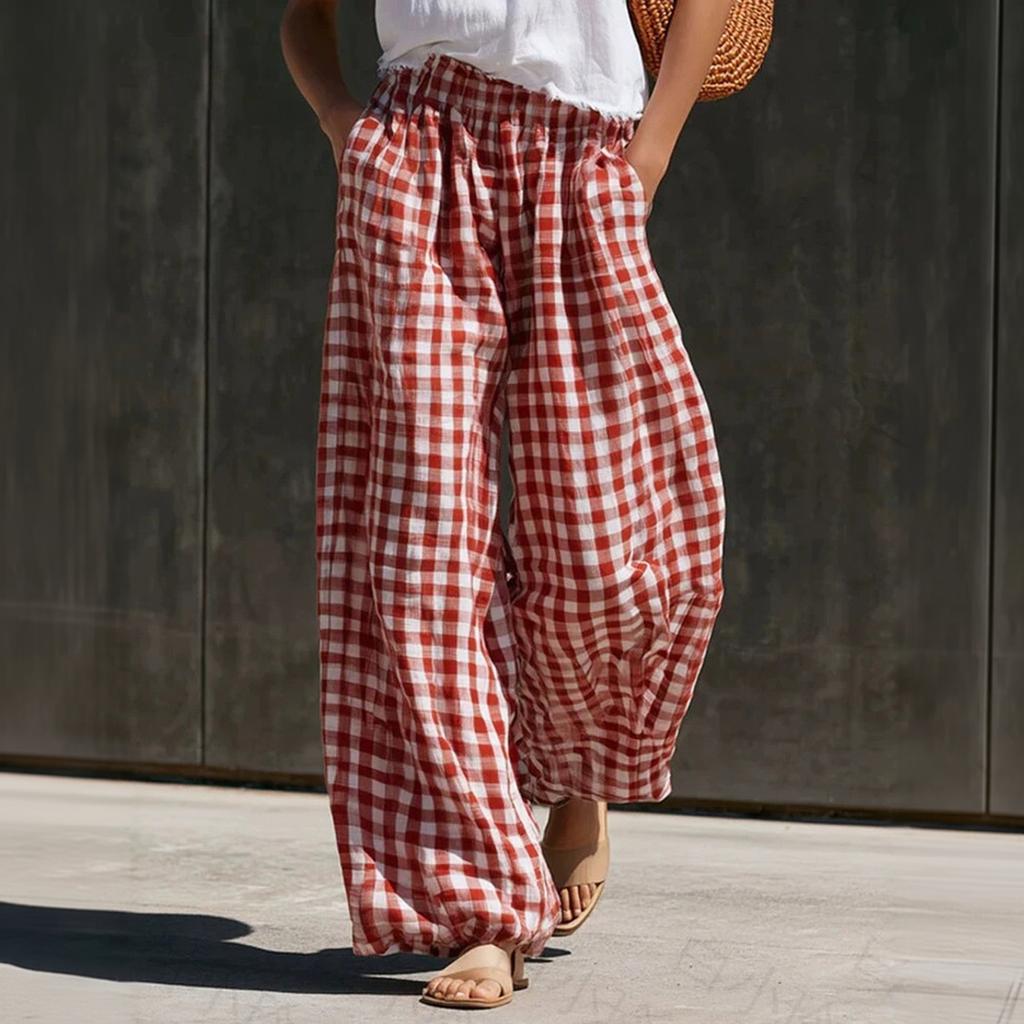 Women's Trendy High Waisted Plaid Pants with Elastic Waistband and Pockets for Casual Daily Wear
