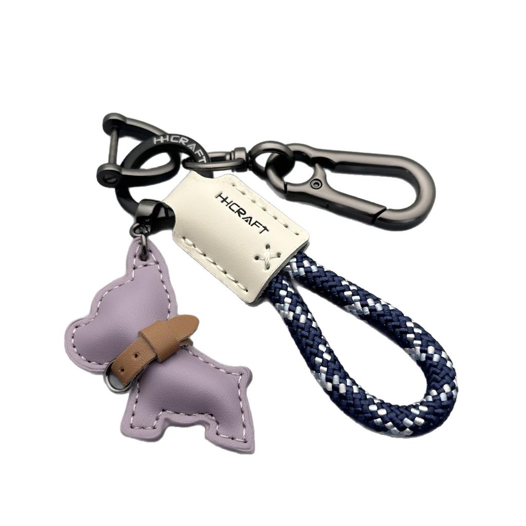 French Bulldog Keychain - Handmade Genuine Leather & Braided Rope, Anti-Loss Strap for Women Men, Car Key Organize Accessory