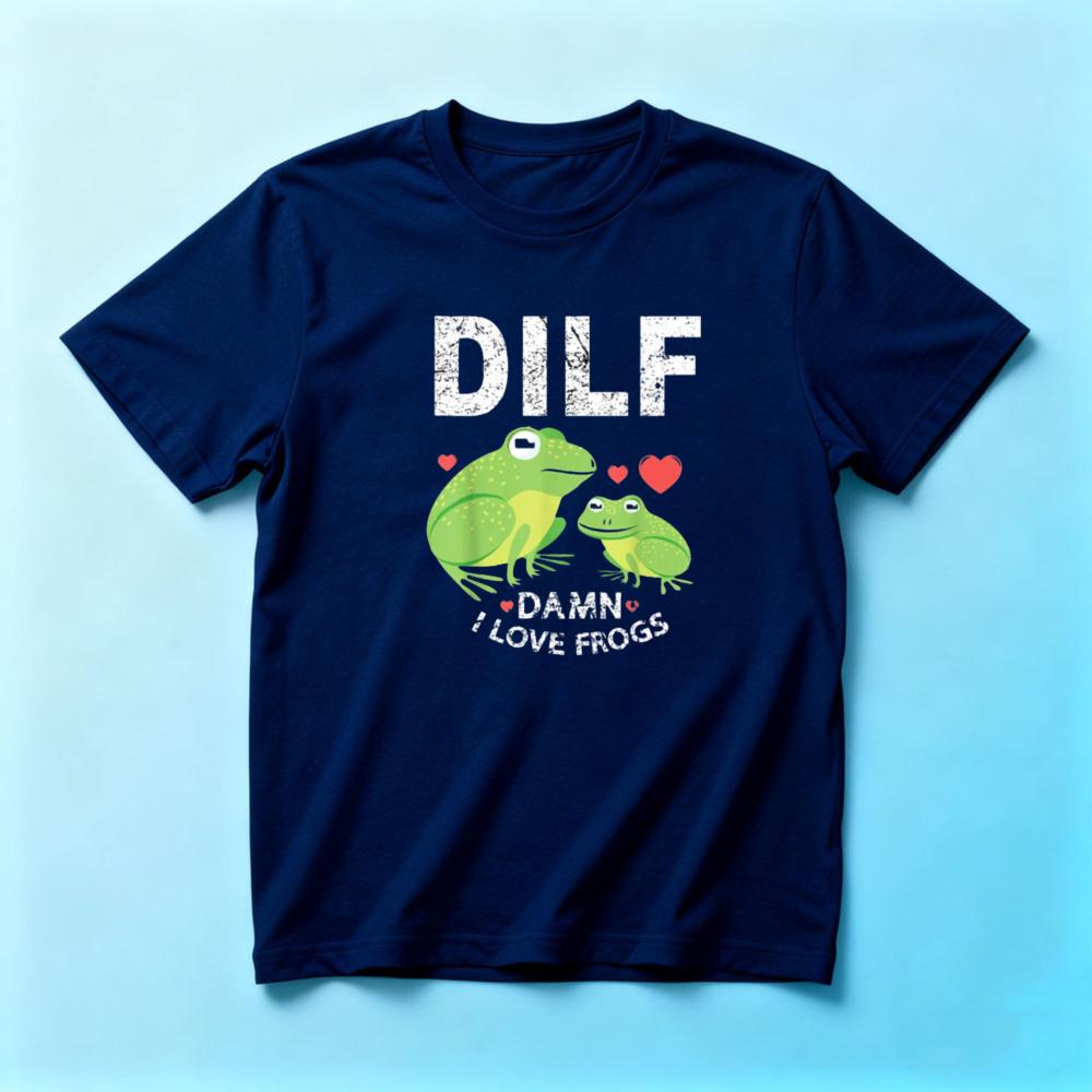 DILF Damn I Love Frogs Cute Green Frog Heart SummerunisexCotton T-Shirt Vintage Washed Animal Meme Casual Short Sleeve Blouse