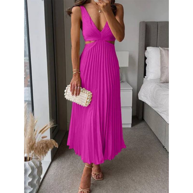 Elegant Summer Sleeveless Vneck Pleated Backless Maxi Dress For Women