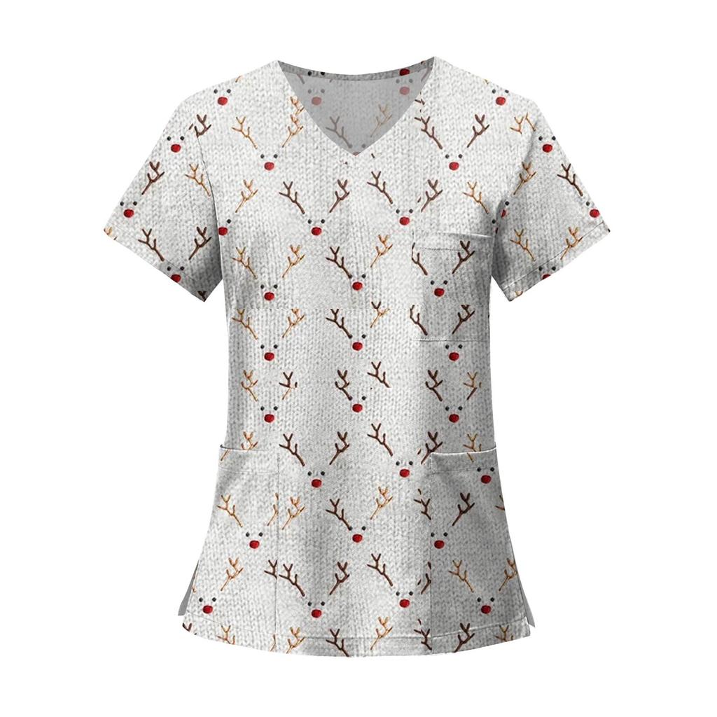 Women's Fashion Printed Short Sleeve V Neck Pattern Tops Pocket Working T-shirts
