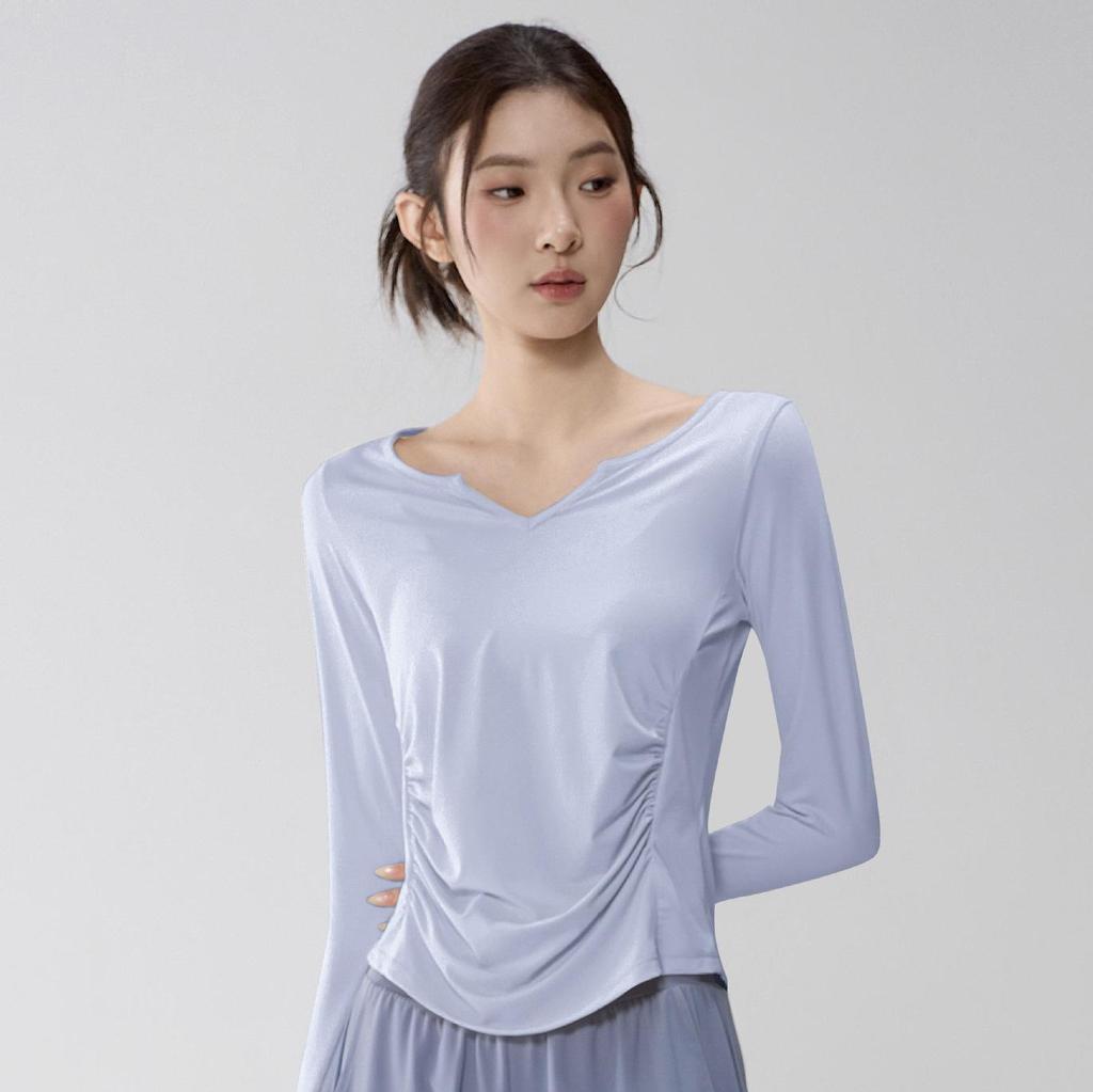 Women's V-Neck Yoga Suit: Loose, Quick-Dry, Long Sleeve for Casual Sports and Pilates Training