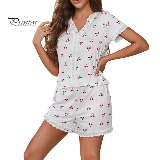 

2 шт./комплект пижамный костюм кружевной сращивание V-образный вырез короткий рукав топ вишневый принт комфорт домашняя одежда повседневный топ шорты комплект одежды для сна XL белый