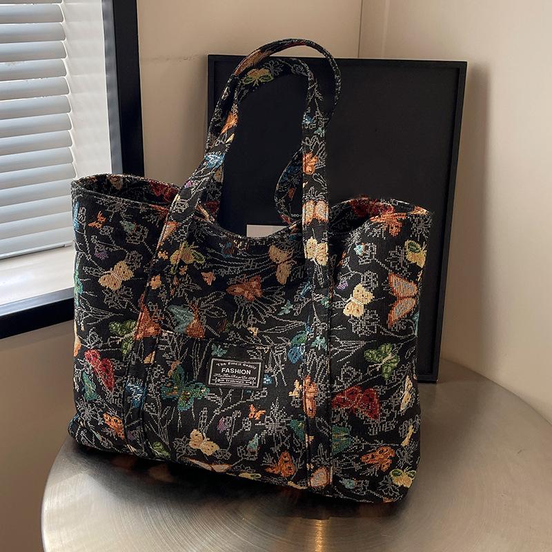 

SCIONE Холщовая сумка-тоут с принтом бабочек большой вместимости 2025 Новая сумка-тоут для поездок на работу Модная повседневная сумка через плечо Студенческая сумка чёрный