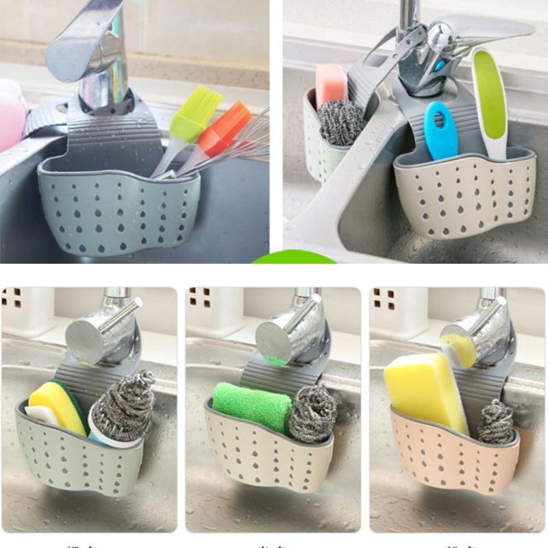 Faucet Hanging Basket Bag with Drain Holes Adjustable Strap Sponge and Cleaning Tool Holder Kitchen Accessories