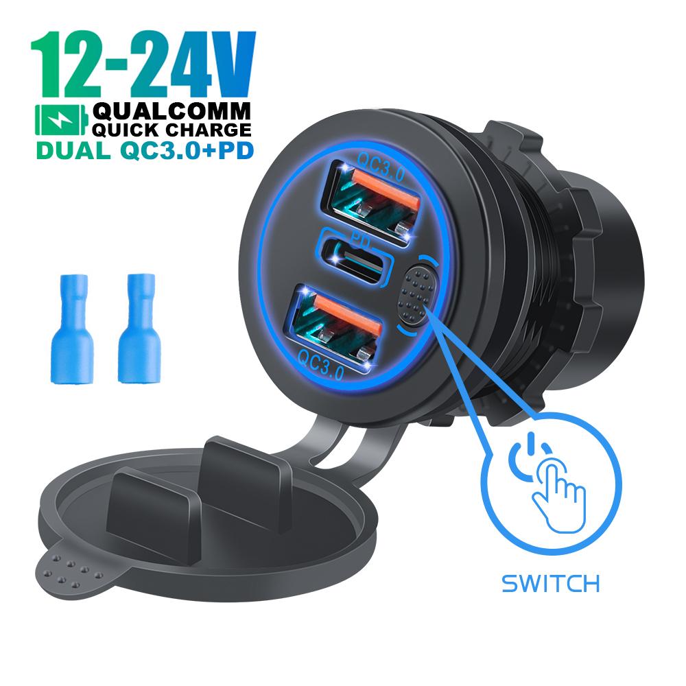 

Тройное автомобильное зарядное гнездо QC 3.0 USB Type-C, несколько быстрозарядных адаптеров PD3.0 для грузовиков, мотоциклов с сенсорным переключателем