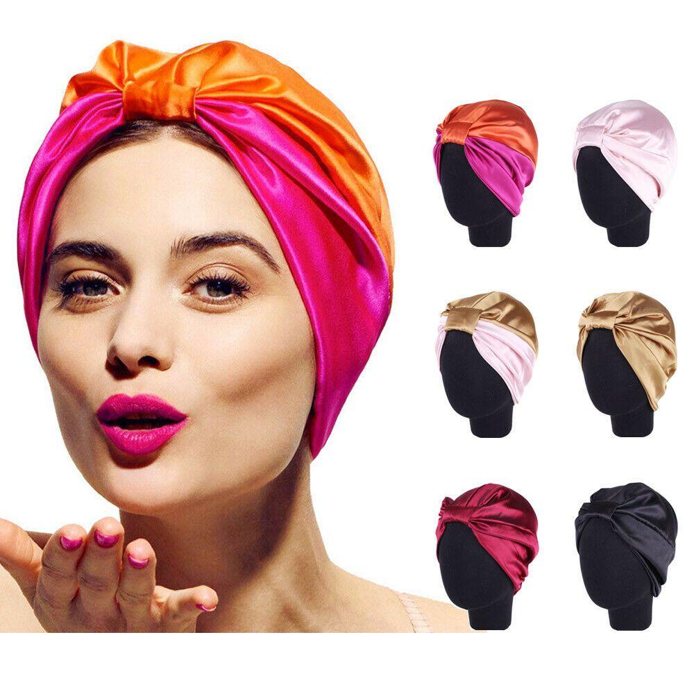 Soft Satin Lining Knot Pleated Sleep Night Cap Salon Bonnet Elastic Hairband Turban Hat