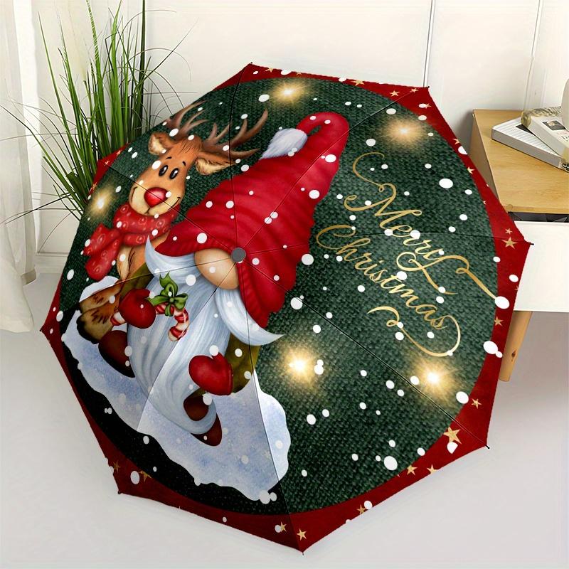 Christmas Gnome and Reindeer Round StickerUmbrella, Portable 3-Fold Compact Umbrella,Christmas Gift ES412