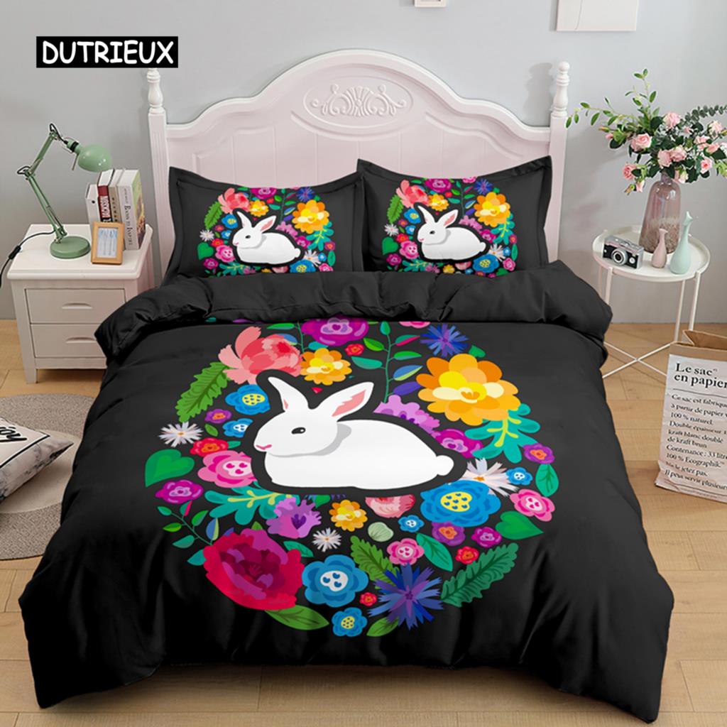 Frohe Ostern Ei Hase Königin Bettbezug Cartoon Lieblich Häschen Bettwäsche Set Haustier Tier Bettdecke Polyester Steppdeckenbezug