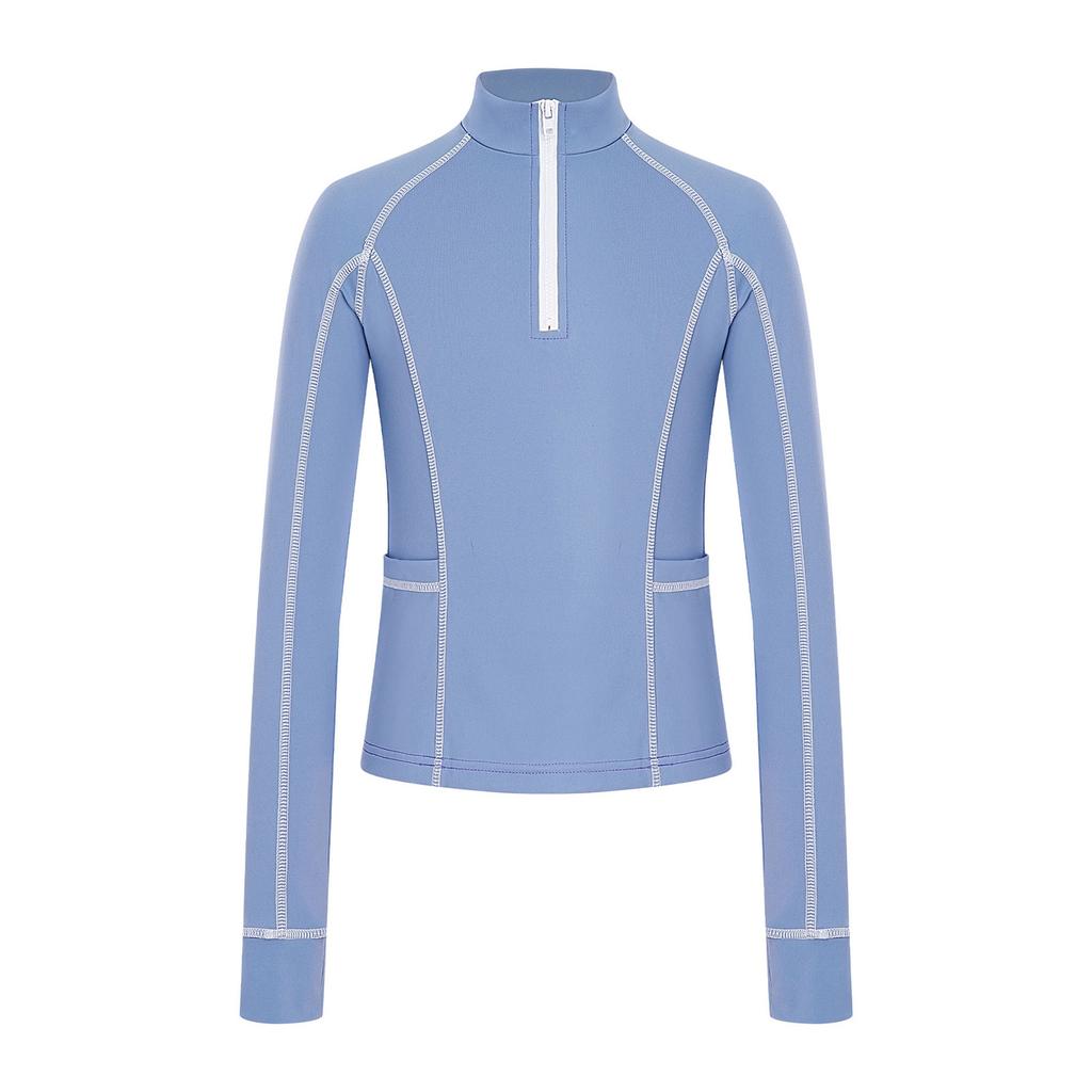 Mädchen Reitshirt: Pullover mit Stehkragen, langen Ärmeln, Reißverschluss, Daumenlöchern und Taschen, Reitsport-Oberteil