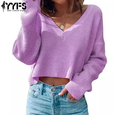 Pulls à manches longues et col en V pour femmes, mode décontractée, automne hiver, couleur unie, imprimé