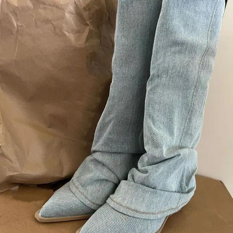 Pleats Blue Denim Thigh High Boots for Women 2025 Autumn Thick Heeled Pointed Toe Cowboy Boots Woman Slip On Western Long Boots