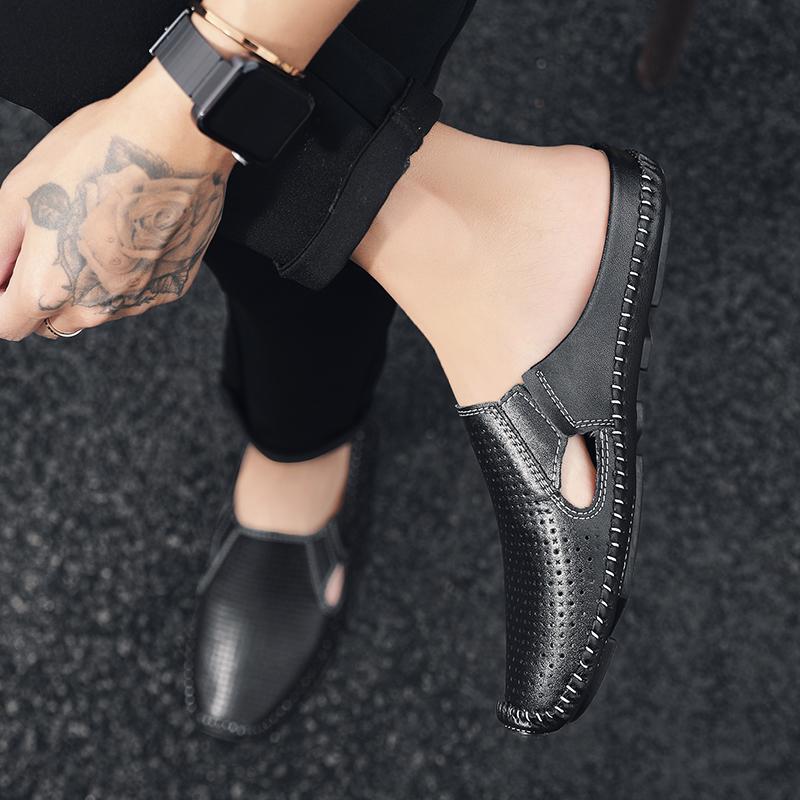 Fashion Classic Mens Casual Leather Boat Shoes Men Loafers Shoes Hollow Out Breathable Half Slipper Flats Lazy Shoes Muller Shoes Man