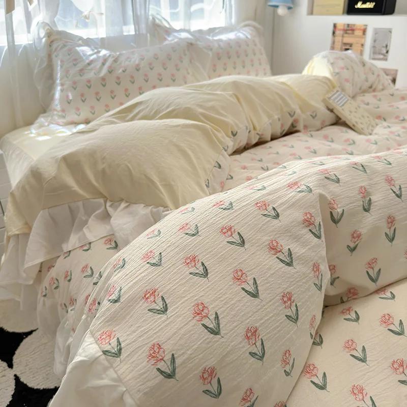 1.5/1.8 Korean Style 100% Cotton Fitted Sheet Sets with Lace Flower Print Bedding Set for Seasons Home Bedclothes for Adult Kids