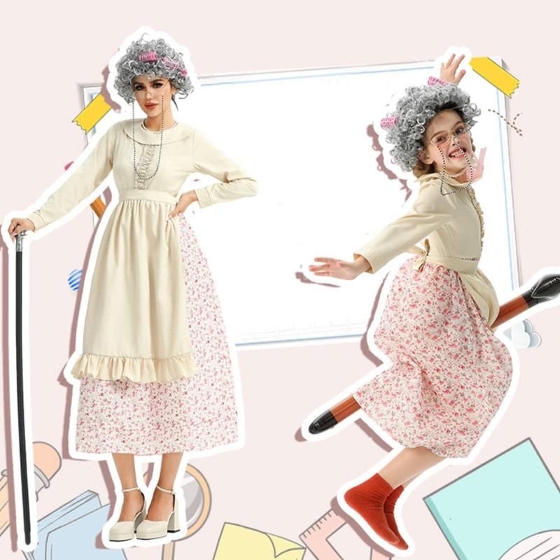 10pcs Kids Old Lady Costume Set 100th Day of School Costume for Halloween Cosplay Props for Girls