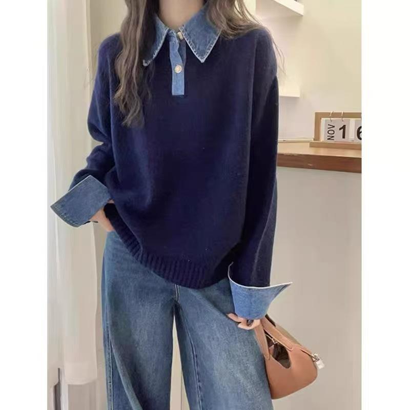 Cross-border Hot-selling Denim Sleeves Splicing Fake Two-piece Sweater Women's Autumn and Winter Women's Loose POLO Neck Knitted Sweater Women's