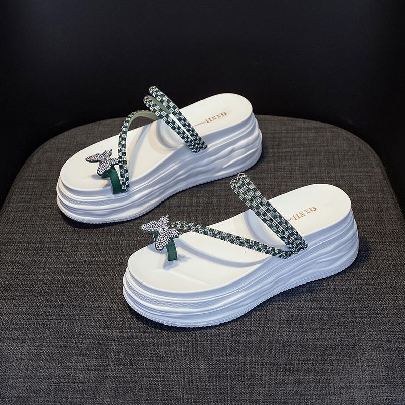 Wedge heel platform slippers women's 2025 summer new pearl rhinestone sandals platform versatile muffin women's shoes