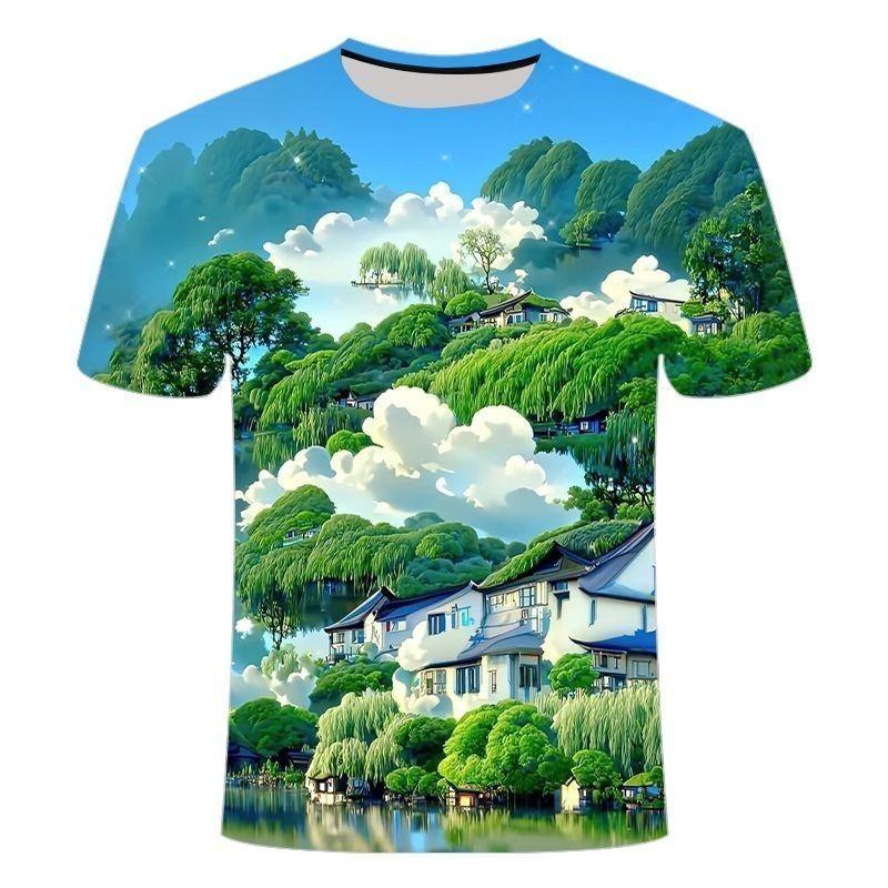 

Landscape series 3D printed fashionable men s and women s round neck short sleeves XS