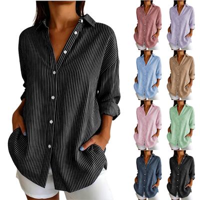 Chemise Rayée à Manches Longues et Col pour Femme - Coupe Ample Décontractée - Haut Blouse pour le Quotidien