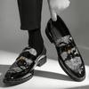 Men's Business Formal Slip-On Loafers Pointed Toe Patent Leather Shoes with Shiny Tassel & Snake Print, Suitable Office Party