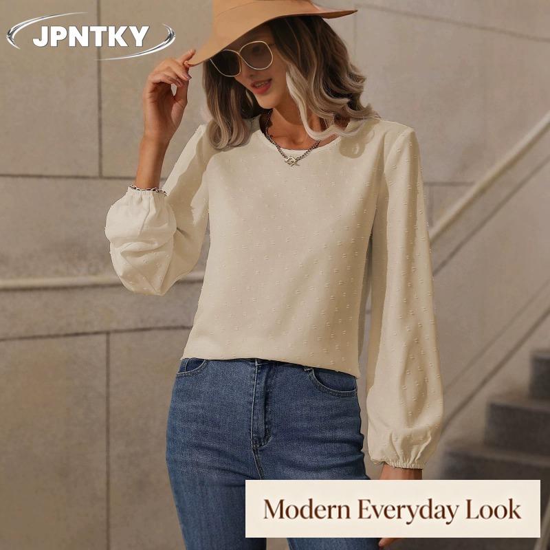 JPNTKY Women's Fashion Casual Solid Color Print O-Neck Long Sleeve Blouses & Shirts