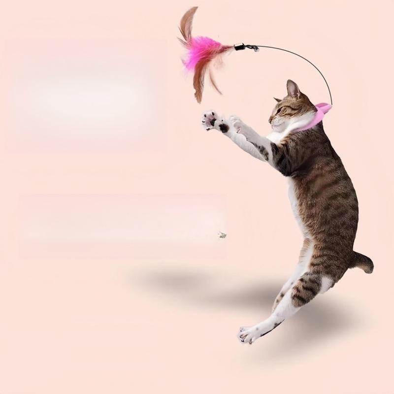 Adjustable Cat Teaser Toy with Bell, Feather, and Bite-Resistant Collar for Self-Entertainment and Relieving Boredom