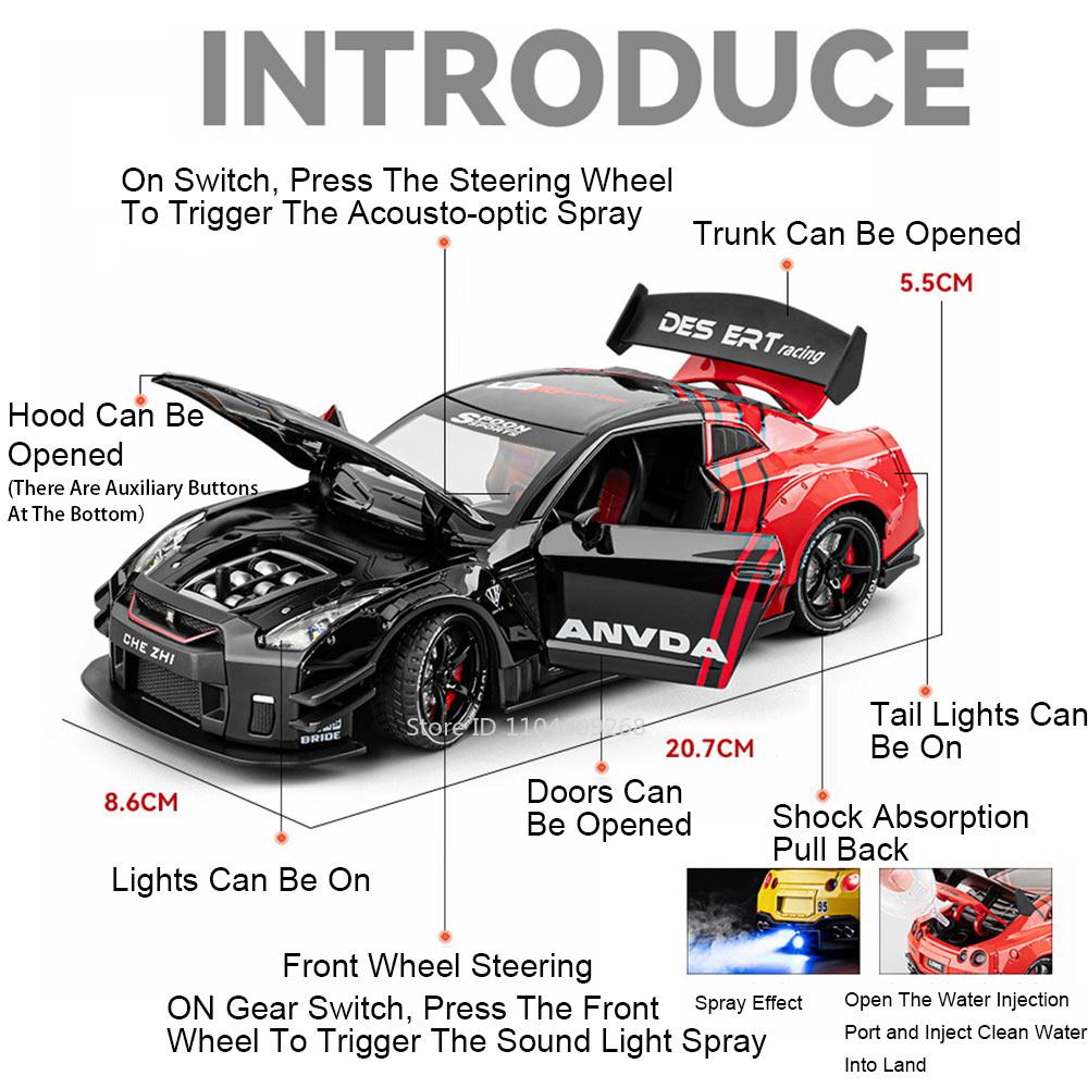 1:24 Scale GTR Track Version R34 Car Model Toy Doors Opened Sound Light Shock Absorption Vehicle Models Boys Christmas Gifts