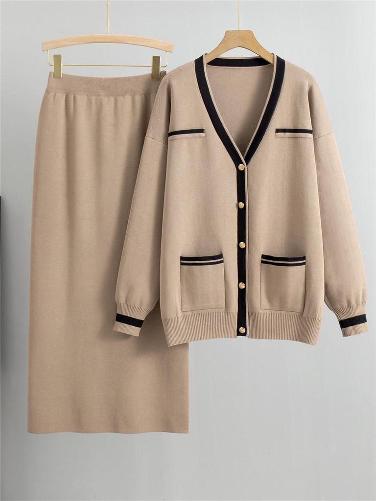 Damen Übergröße Mode Lässiges Strickset: Lockerer Pullover & Midirock für Herbst/Winter