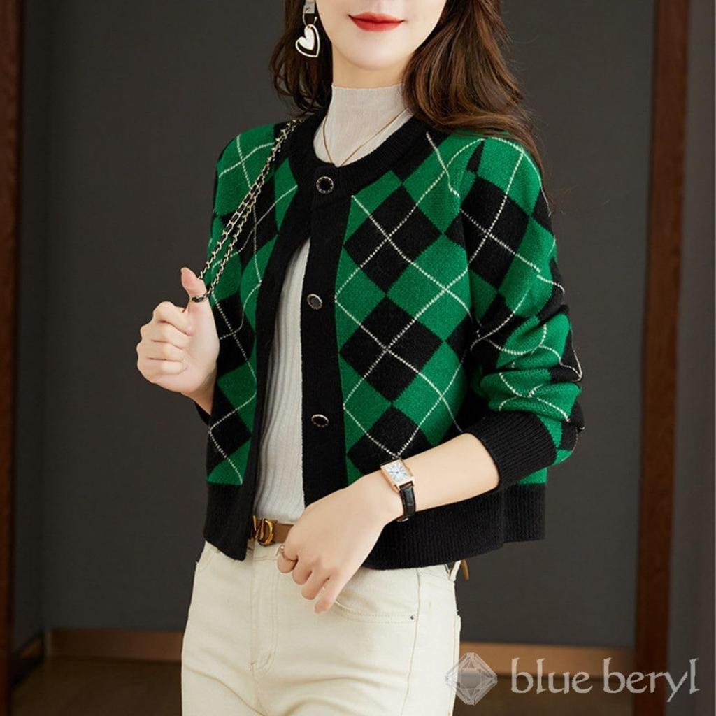 Knitted Argyle Gold Box Round Elegant Neat Winter Slimming Air Conditioner Long Short Large Figure Mature and Long Air Conditioner Green Cardigan,