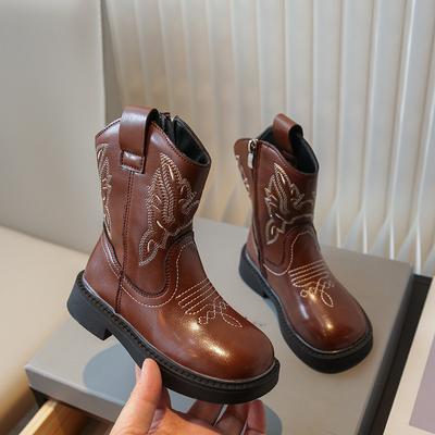 Fashion Children's PU Leather Boots Classic Western Cowboy Embroidery Girls Long Booties Kids Autumn Round Toe Soft Sole Retro Shoes
