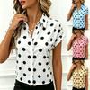 Women Polka Dot Lapel Roll Up Short Sleeve Button Down Casual Loose Blouse Shirt