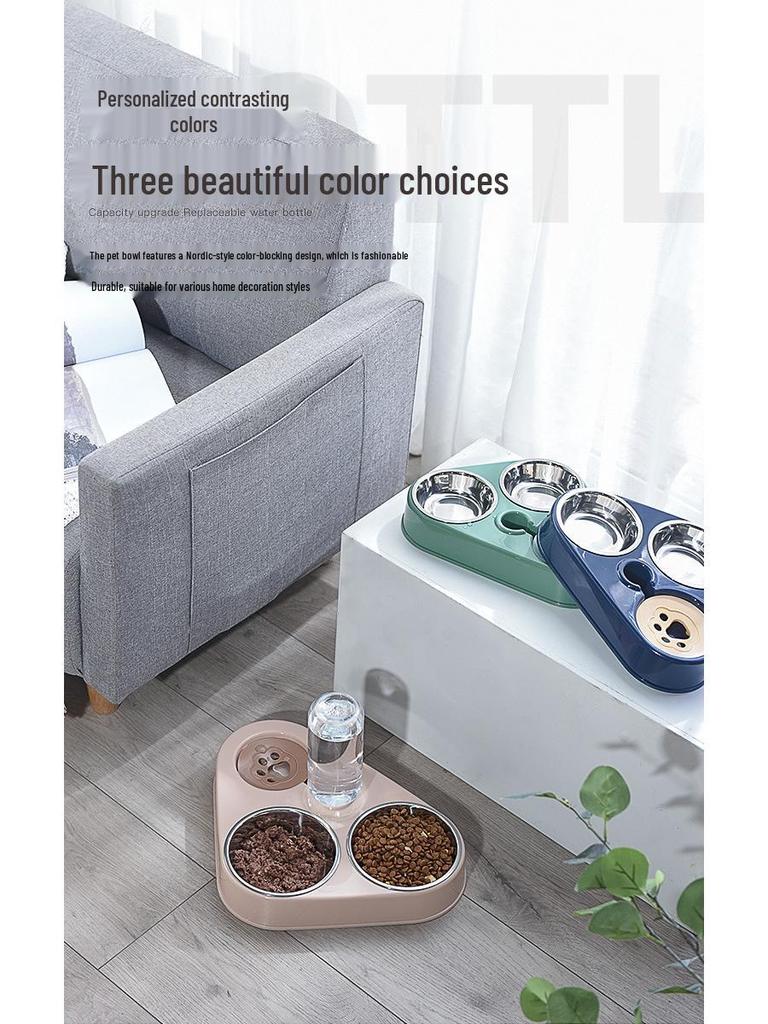 Cute Triangle Pet Bowl Set: 3 Plastic Bowls with Automatic Water Dispenser and Splash-Proof Design