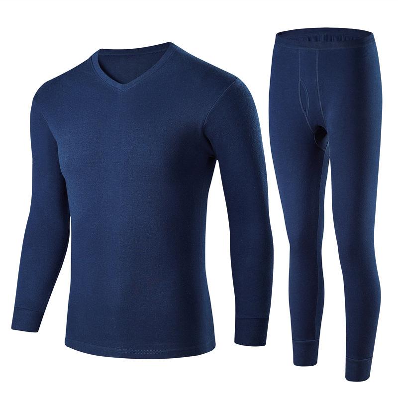 Men's V-Neck Thermal Underwear Set - Pure Cotton Knitwear Base Layer, Autumn Top & Pants