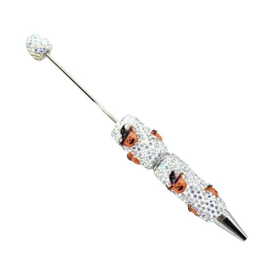 Rhinestone Writing Pen Beadable Pen, Glitter Plastic Beaded Halloween Pumpkin Ghost Skull Decorative Gel Ink for DIY Craft Making, School Office