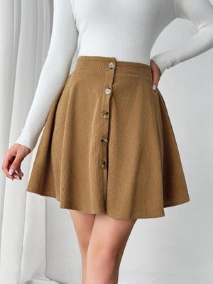 2025 European & American Women's Retro Corduroy A-Line Midi Skirt with Solid Color & Single-Breasted Design