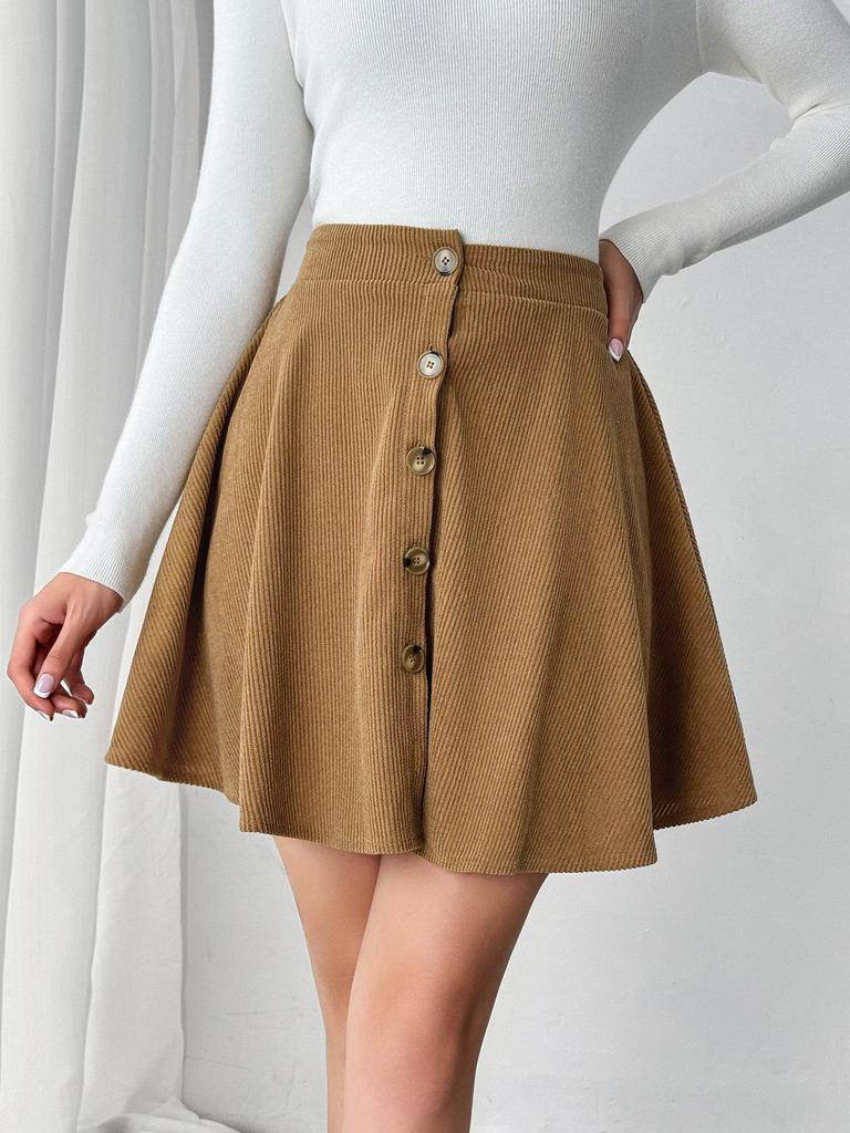 2025 European & American Women's Retro Corduroy A-Line Midi Skirt with Solid Color & Single-Breasted Design