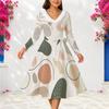 Women S Plus Size Furry Trim V Neck Long Sleeve Abstract Print A Line Midi Dress