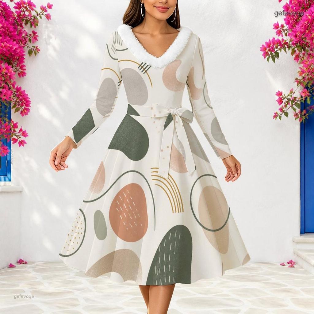 Women S Plus Size Furry Trim V Neck Long Sleeve Abstract Print A Line Midi Dress