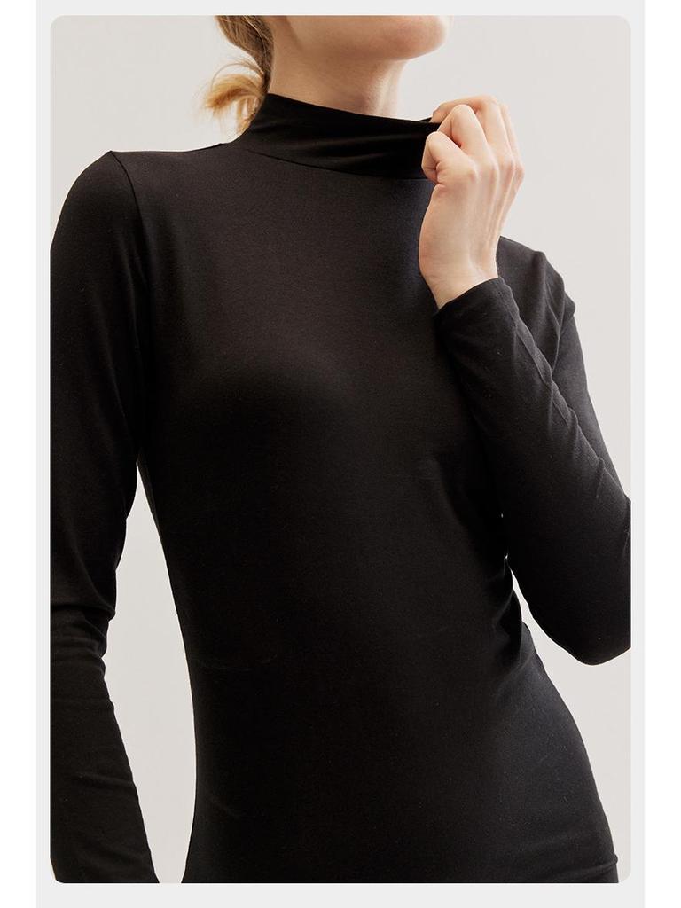 Women's Slim Fit Pure Cotton Mid-Neck Sweater - Solid Color, Autumn/Winter Warm Innerwear